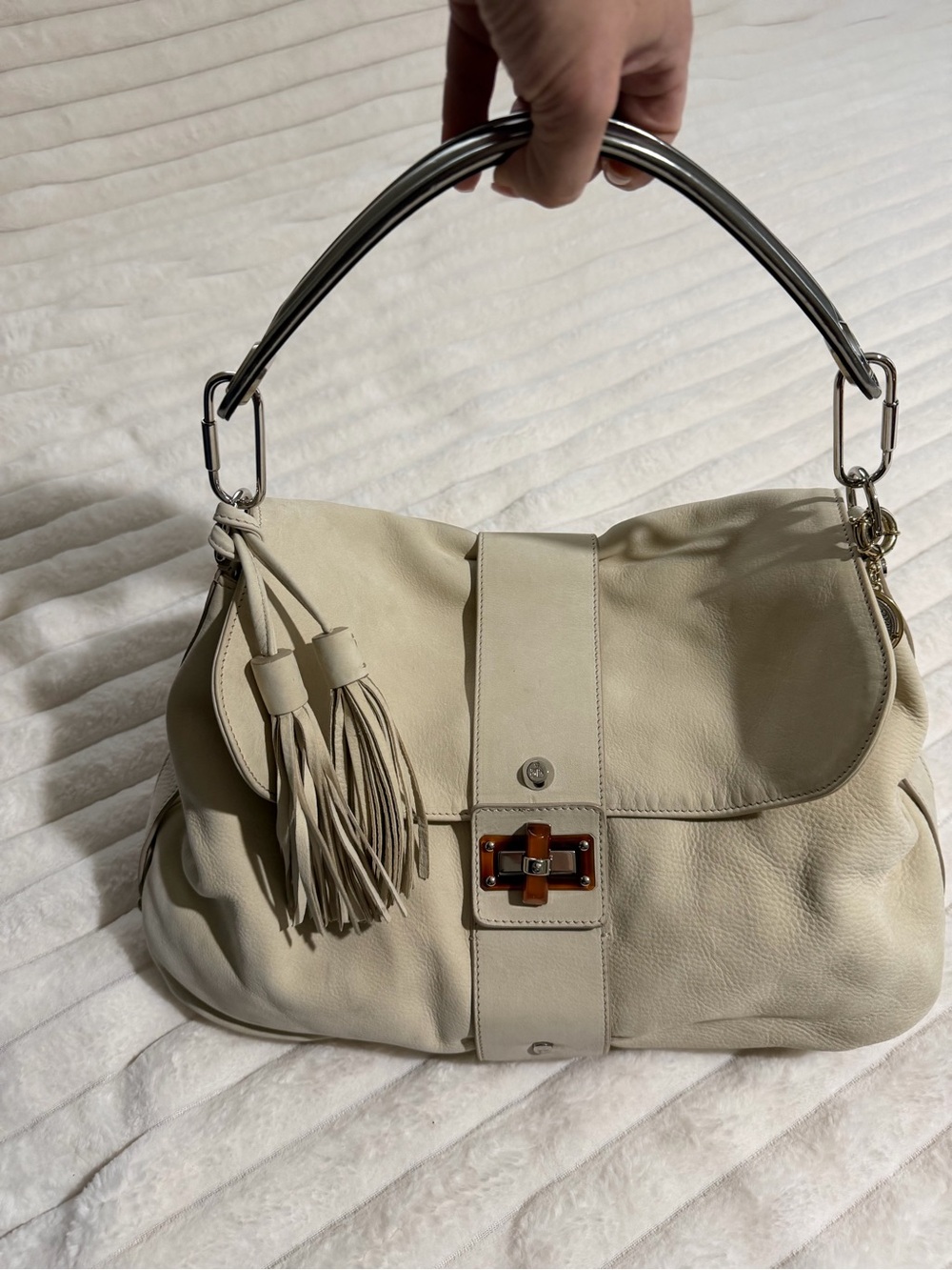 Lanvin Cream Leather Shoulder Bag with Tassel and Silver Handle